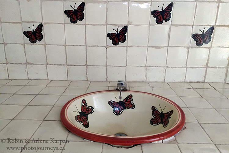 Even the washroom sinks and bathrooms at El Rosario have a butterfly theme., Monarch Butterfly Reserve, Mexico