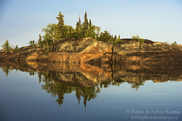 Island reflection, Oldman River, Lake Athabasca, Saskatchewan