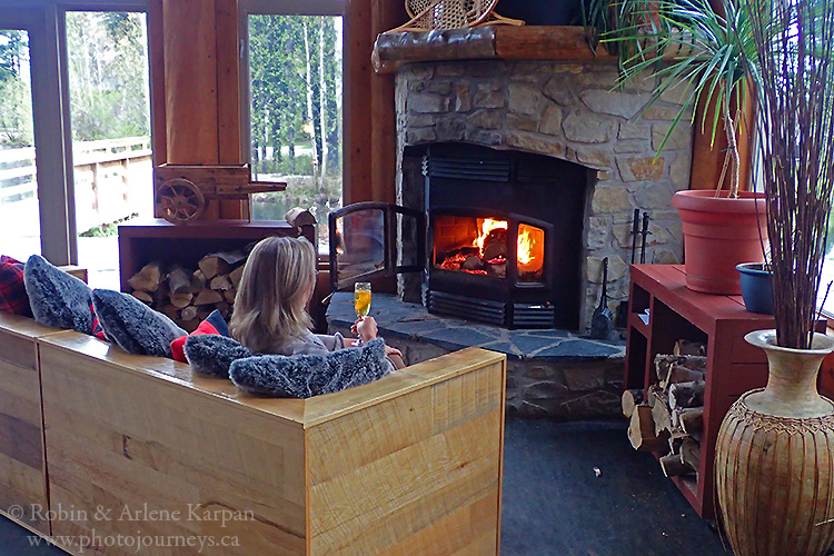 Enjoying the fire at Auberge du Lac Taureau.